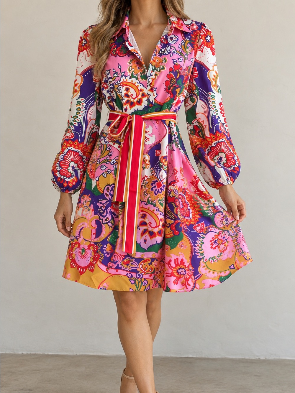 NWT Dalia MacPhee D1161 Pink Floral Belted Midi Dress M